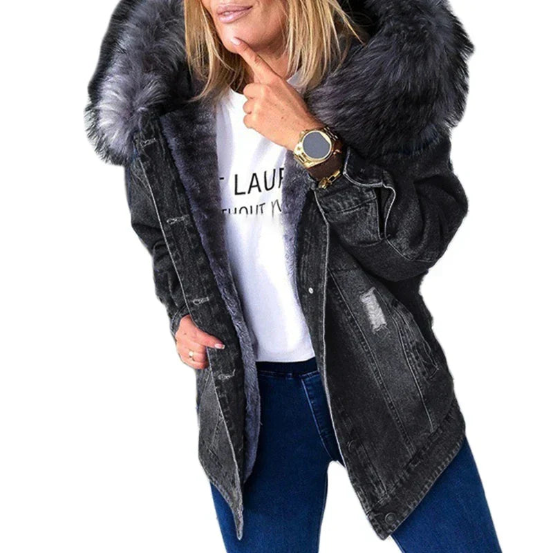 Women Winter Warm Fluffy Collar Hooded Denim Jacket