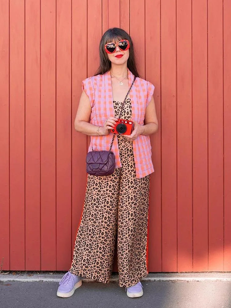 Women Fashion Plaid Pants Piece Sets Loose Sleeveless