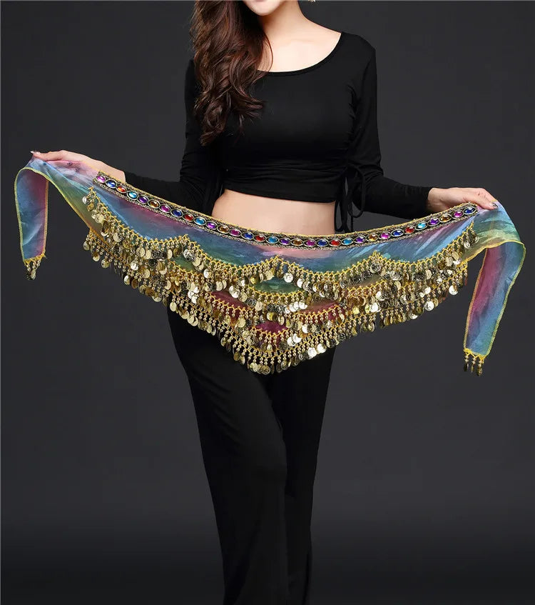 Multi-Colored Belly Dance Belt - Silk Scarf with Crystal Accents