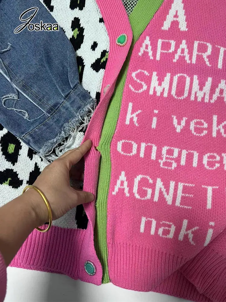 Joskaa Women Knitted Oversized Sweaters Denim Patchwork Leopard