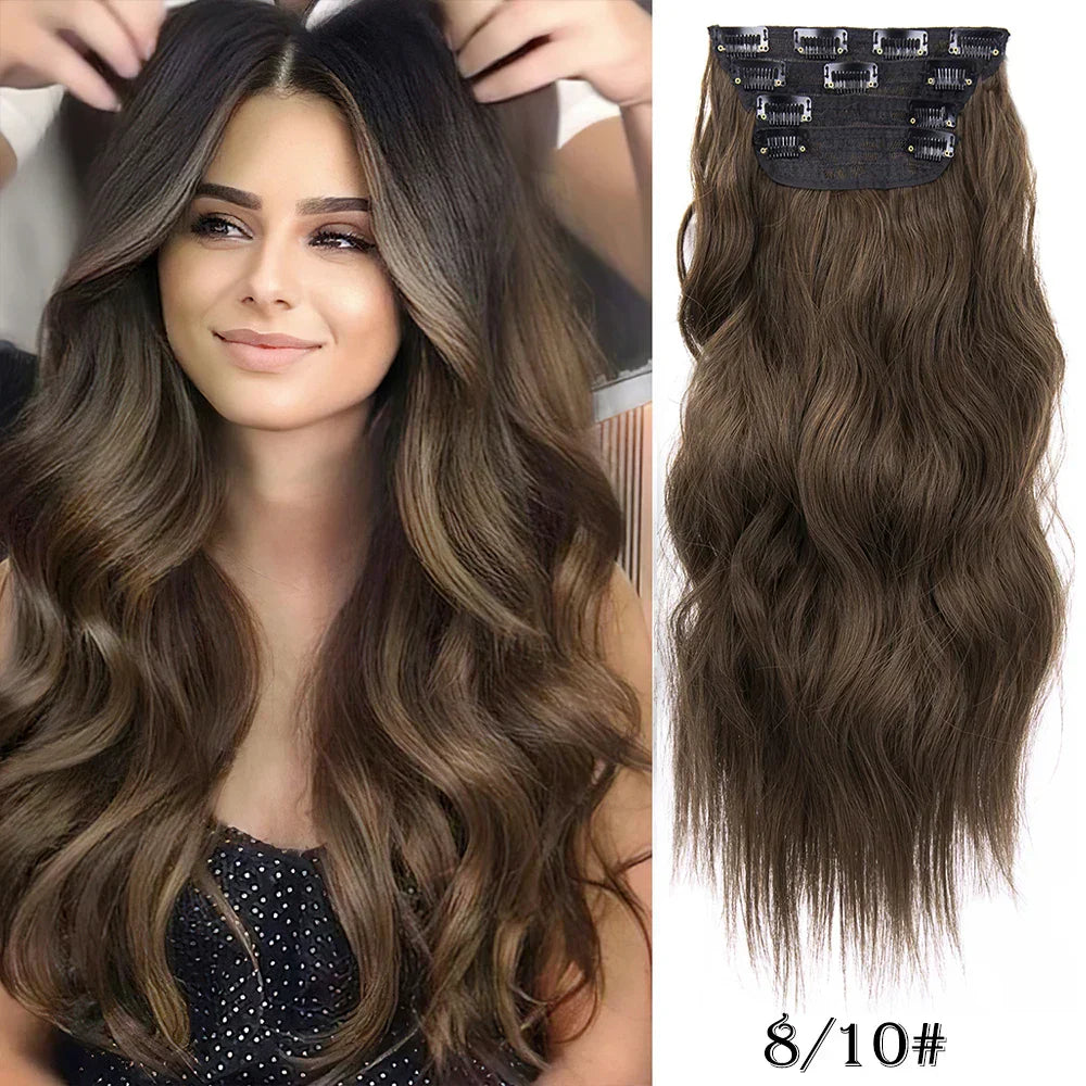 Set Synthetic Hair Clip In Long Wavy Thick