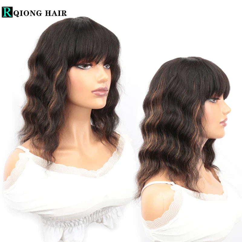 Wet And Wavy Bob Wigs With Bangs Ombre