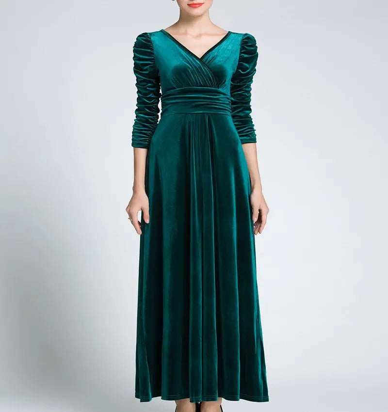 Women Clothing Long Dress Velvet Autumn V-Neck Evening