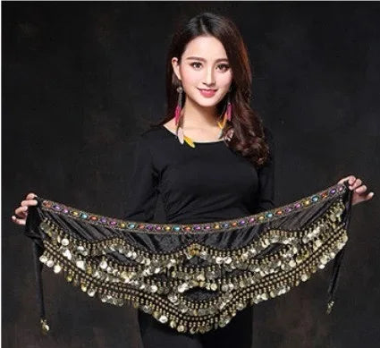 Multi-Colored Belly Dance Belt - Silk Scarf with Crystal Accents