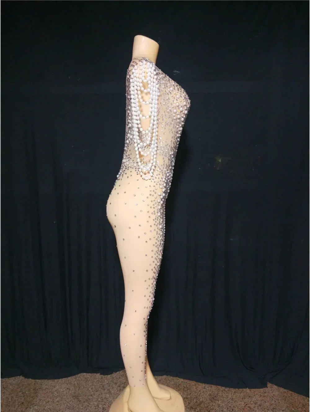 See Through Jumpsuits Women Pearl Rhinestone Gogo Dancer