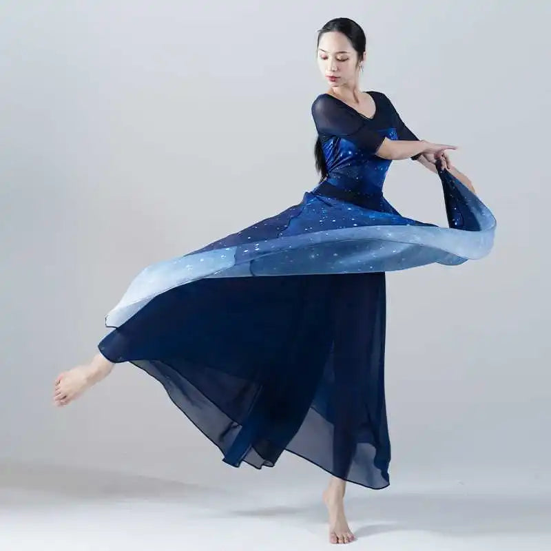 Starry Sky Blue Gradient Chiffon Dance Suit Women