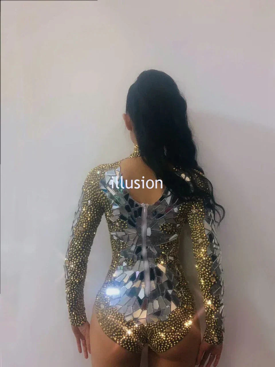 Shining Gold Rhinestones Mirrors Bodysuit Women' Birthday Celebrate