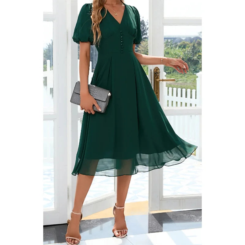 Women' Chic Dress V-Neck Elegant A-Line Chiffon Midi