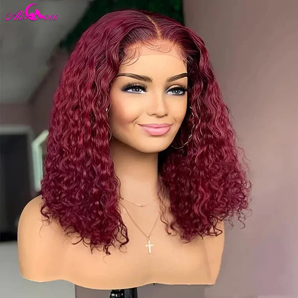 Density Short Burgundy Red Kinky Curly Bob Wig