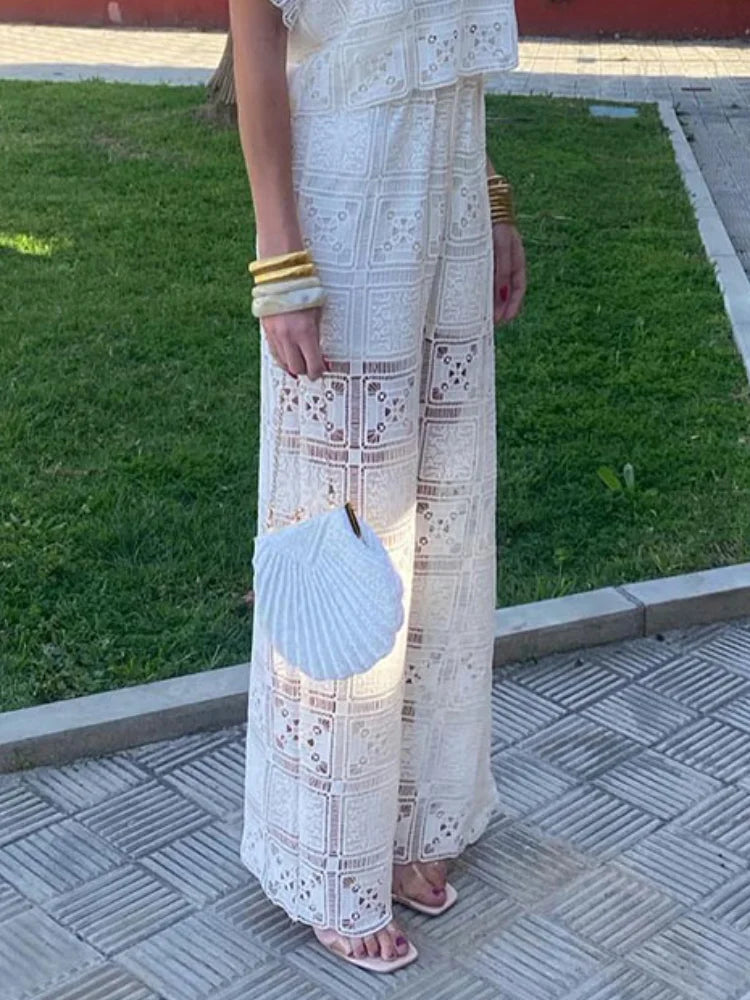 Retro Hollow Out Women'S Lace Loose Straight Pants