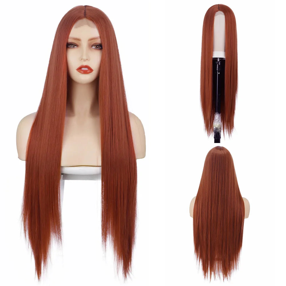 Peach Long Straight Red Pink Natural Hairline Wig