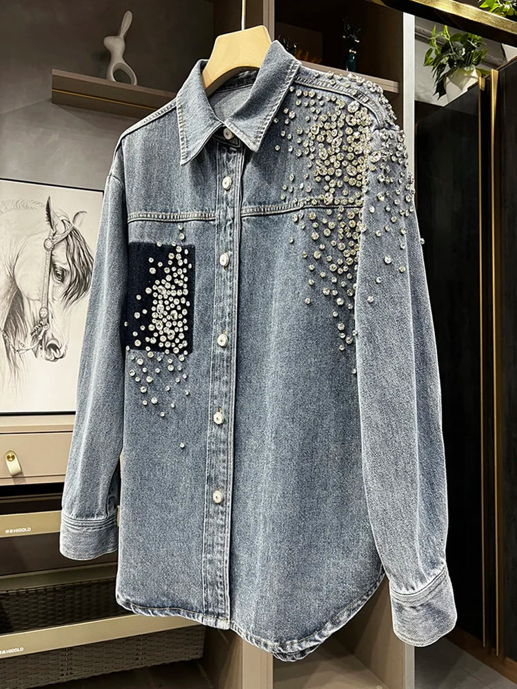 Ieqj Diamonds Patchwork Denim Jackets For Women Lapel
