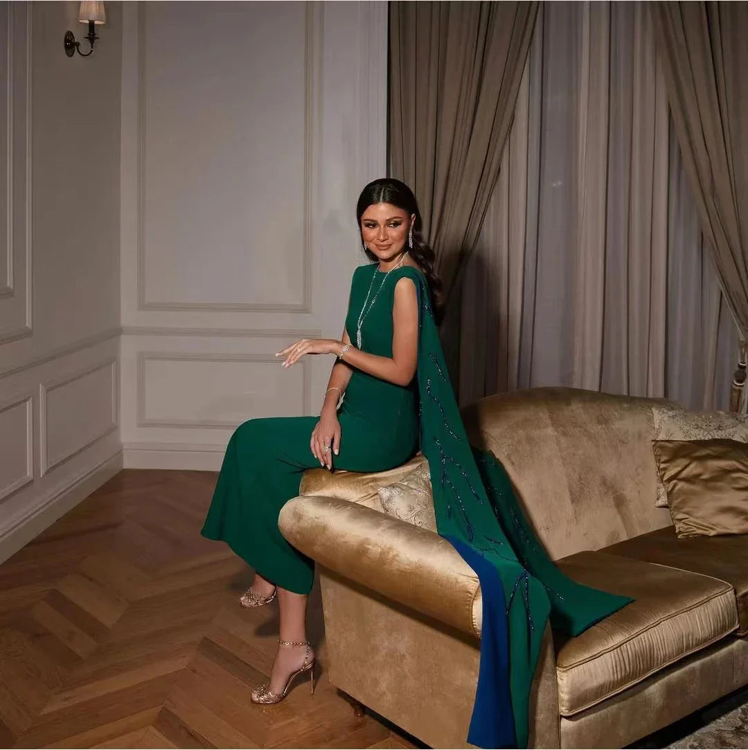 Asanagi New Green Evening Dresses O-Neck Sleeveless Floor-Length