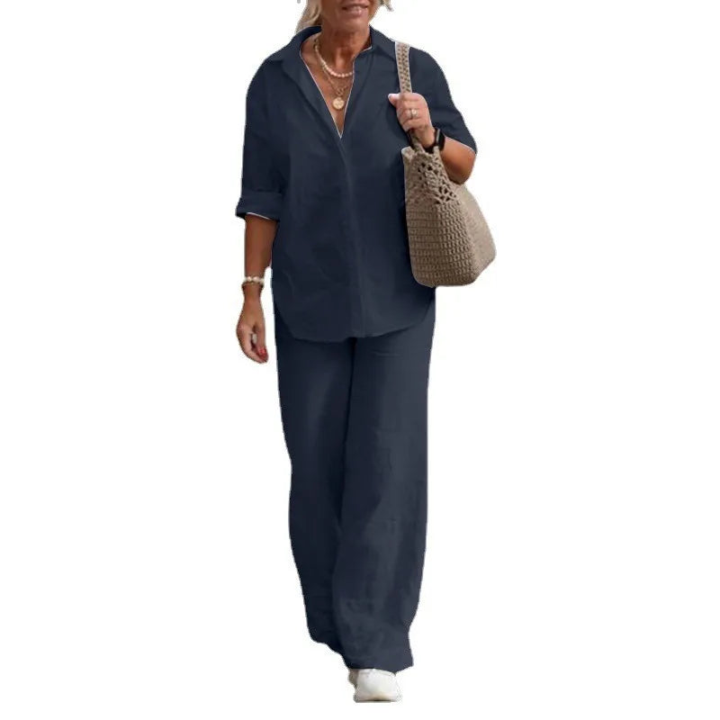 Long-Sleeved Shirt Casual Wide-Leg Pants Suit Piece Sets
