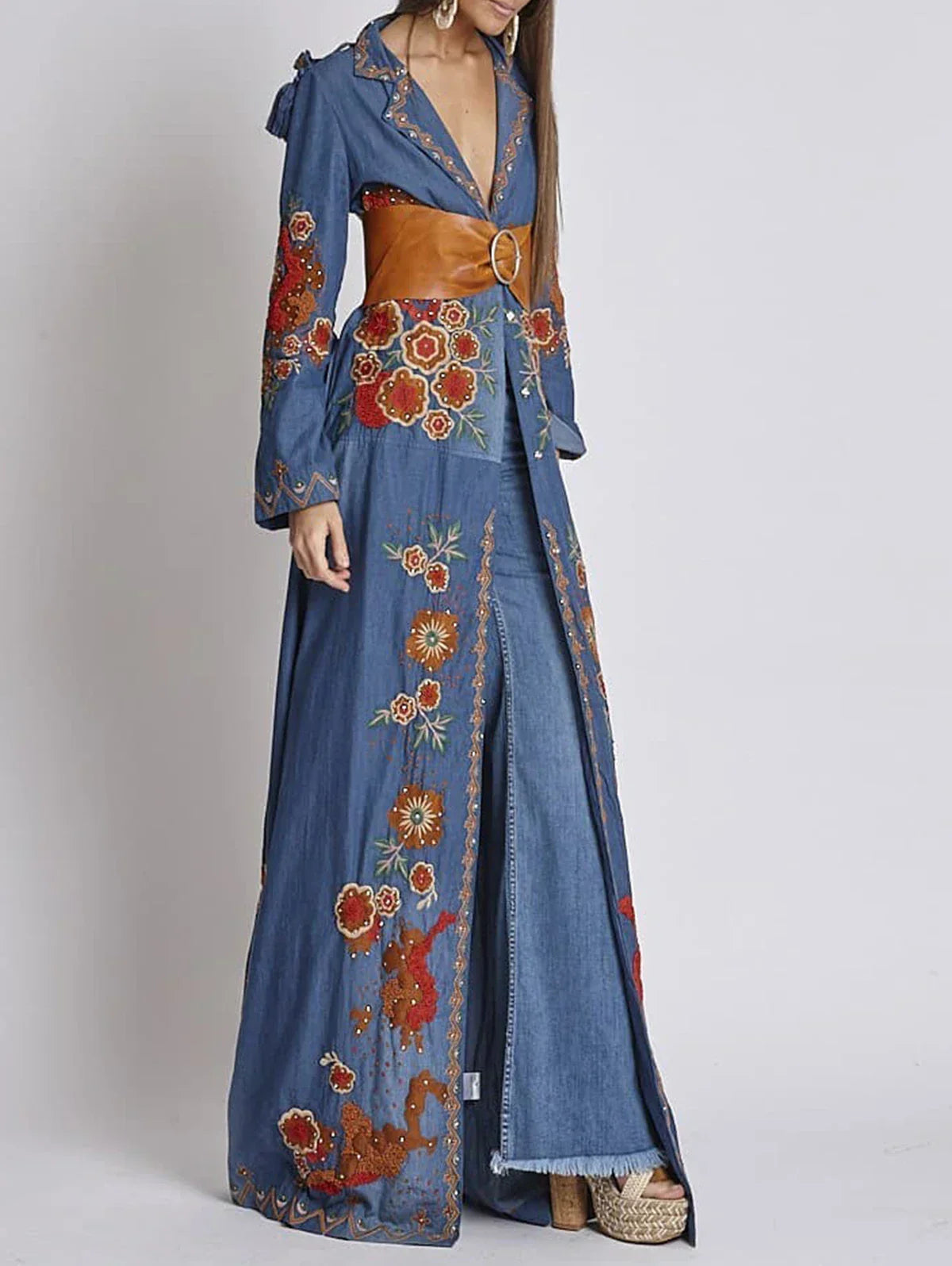 Spring Autumn Women Longline Denim Coat Floral Lapel