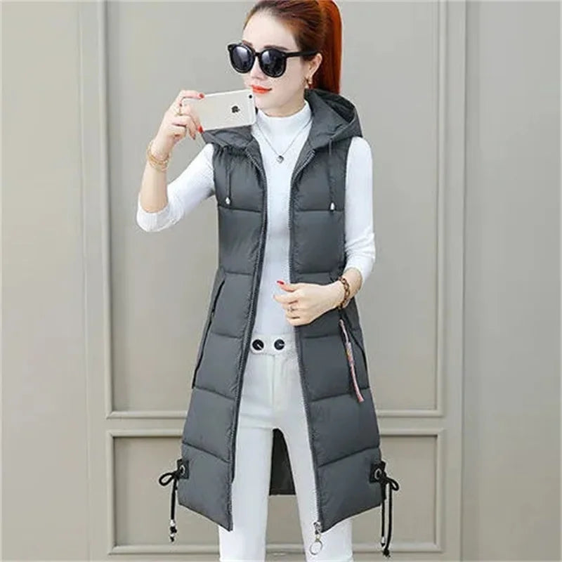 New Autumn Winter Women Long Parkas Vest Warm