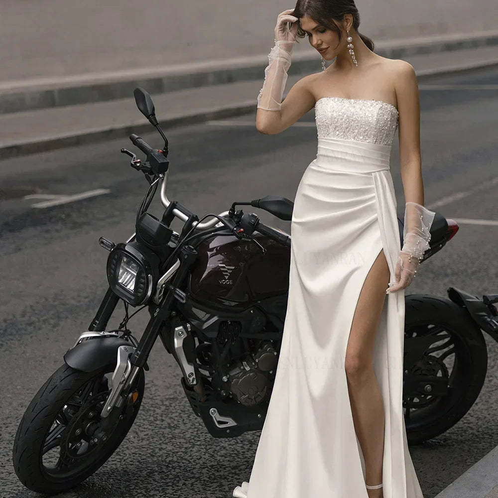 Satin Mermaid Wedding Dresses Sequin Beading Long Wedding