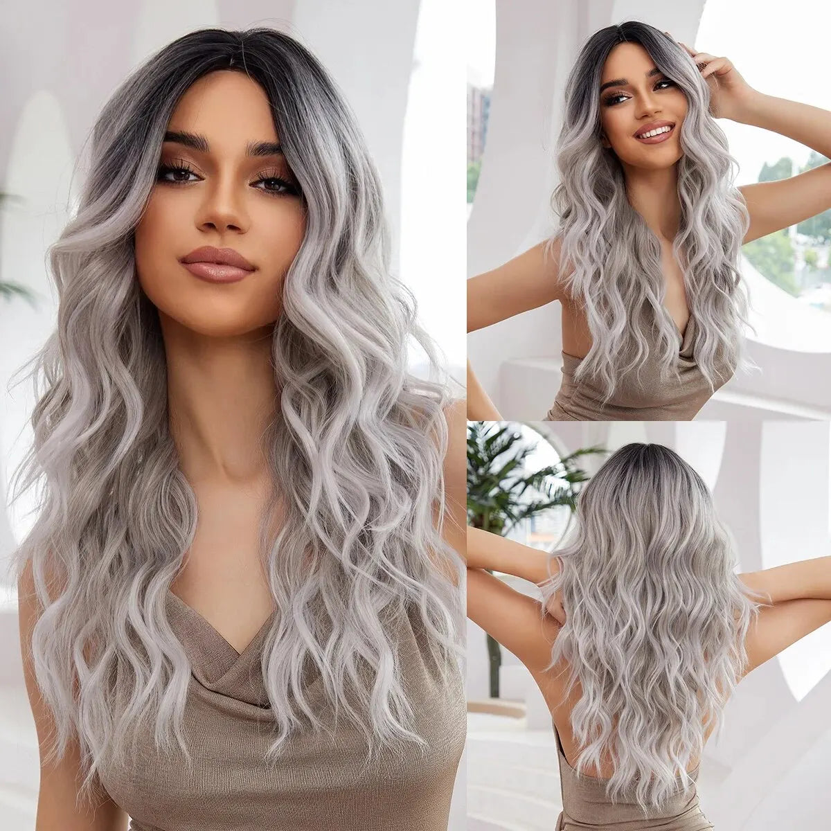 Medium Long Synthetic Fiber Wigs Middle Ombre Top