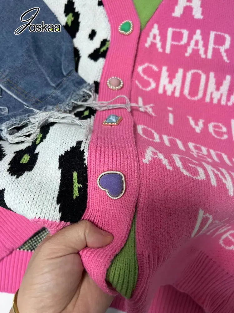 Joskaa Women Knitted Oversized Sweaters Denim Patchwork Leopard