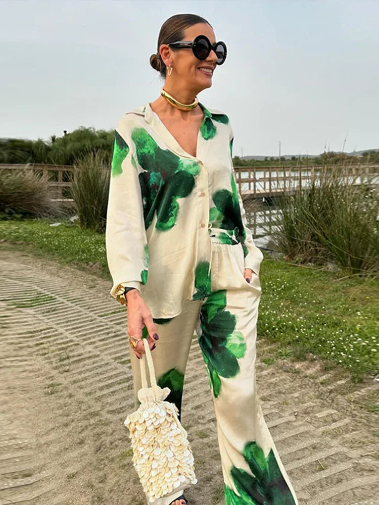 Printed Women Piece Set Loose Lapel Single Breasted