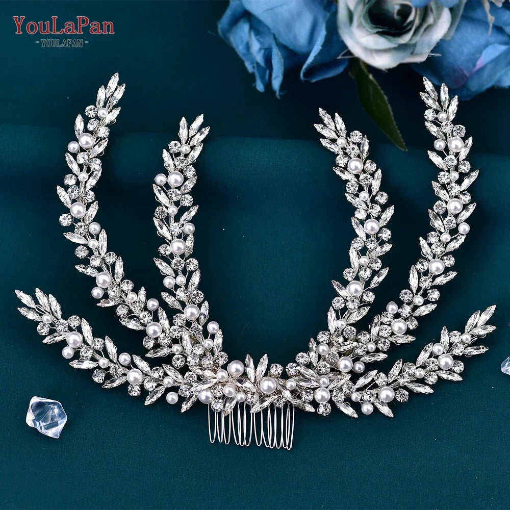 Youlapan Rhinestone Pearl Headpiece With Comb Bridal Headwear
