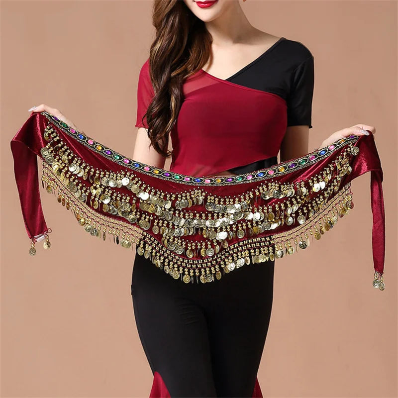 Multi-Colored Belly Dance Belt - Silk Scarf with Crystal Accents