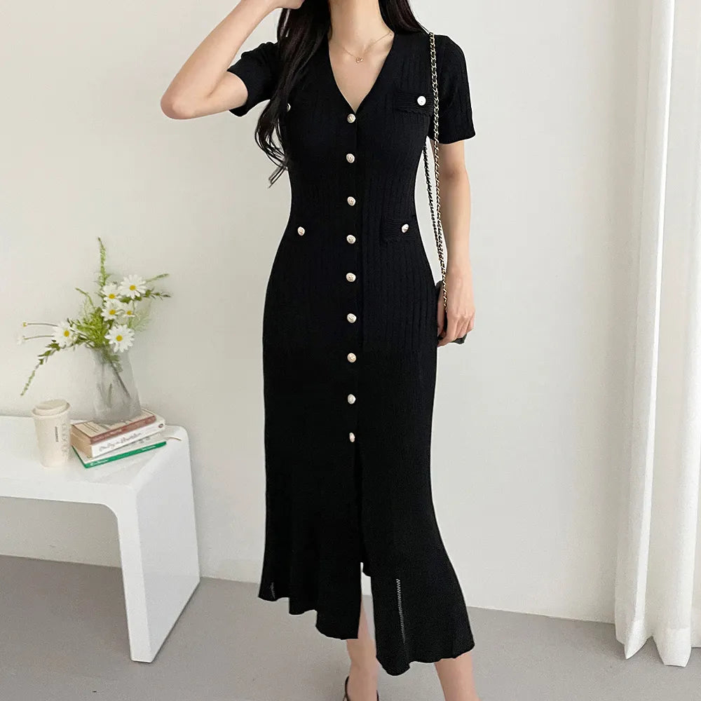 Summer Midi Dress Women Knitted Black Bodycon Korea