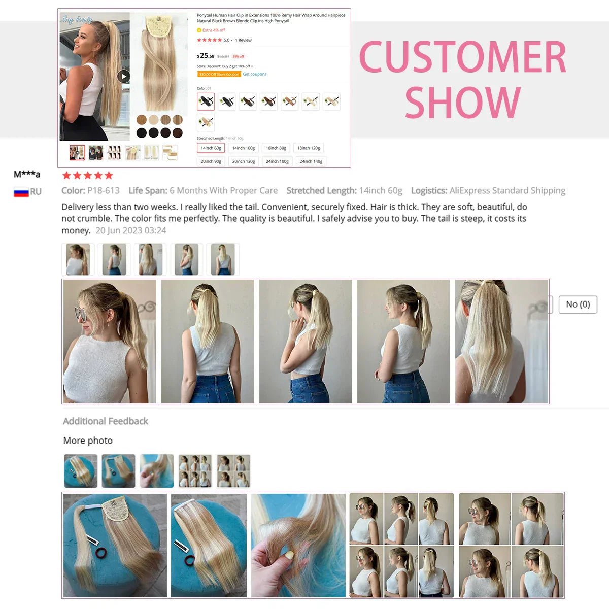 Ponytail Human Hair Clip In Extensions % Remy