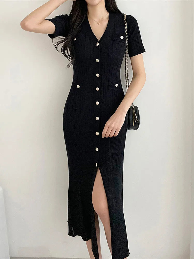 Summer Midi Dress Women Knitted Black Bodycon Korea