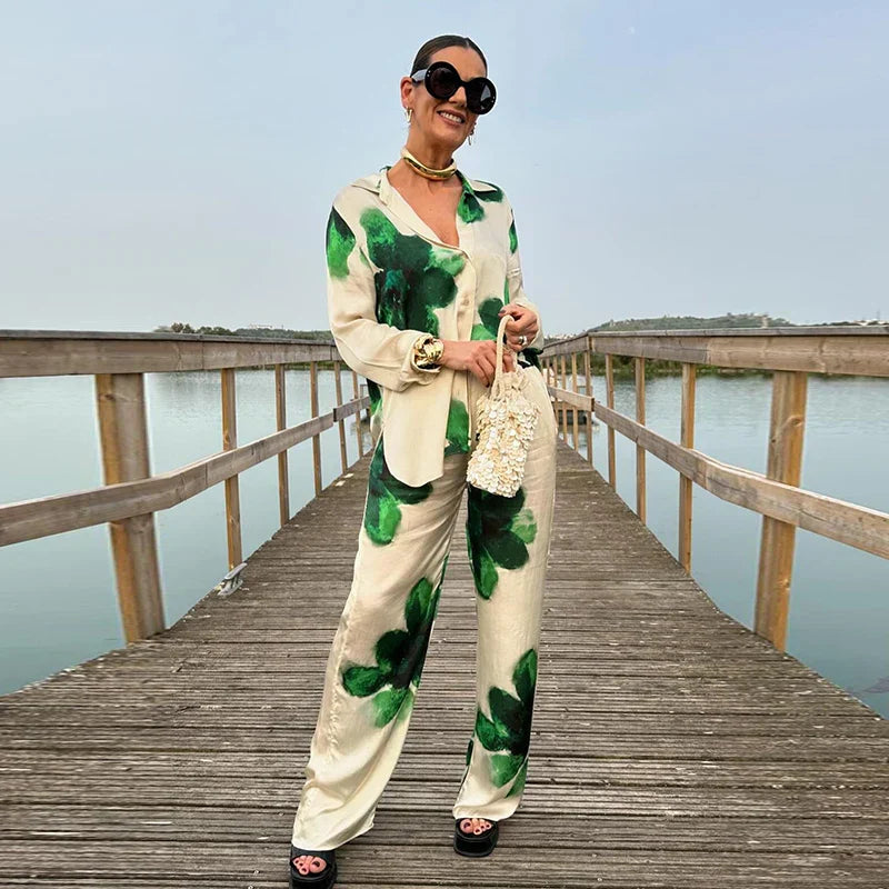 Printed Women Piece Set Loose Lapel Single Breasted