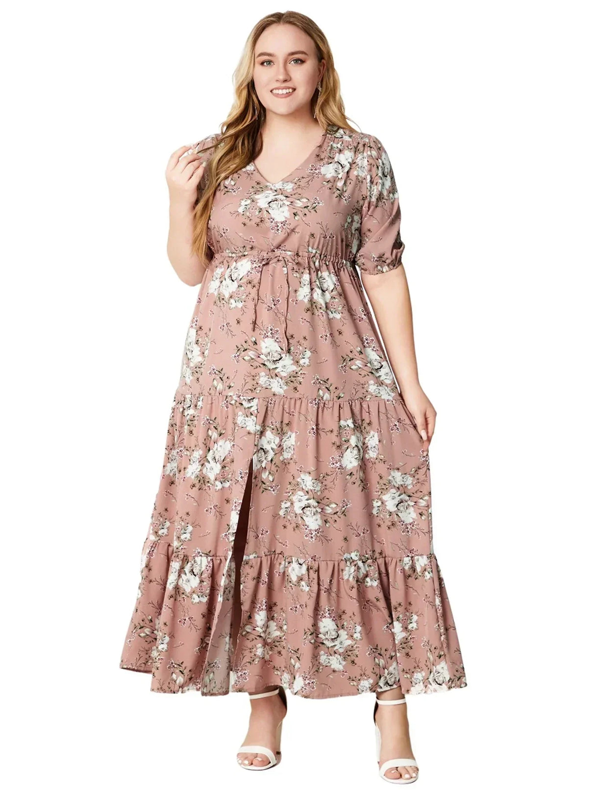 Floral Print Half Sleeve Split Hem Maxi V