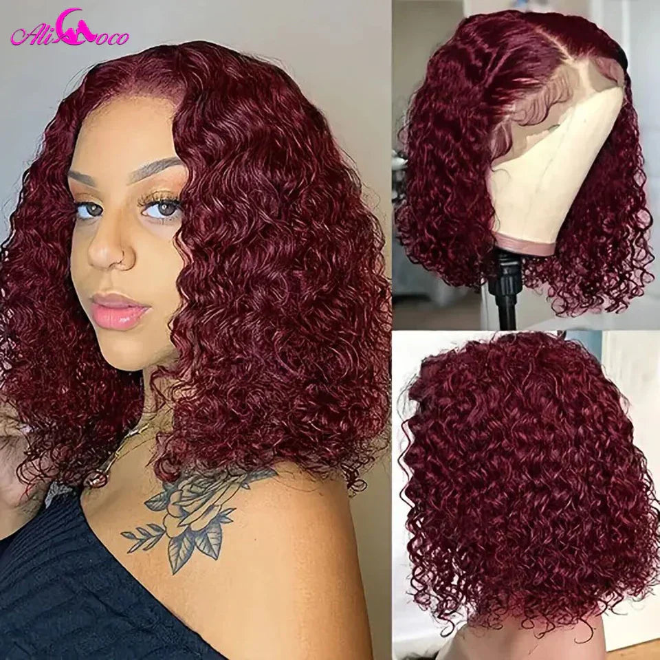 Density Short Burgundy Red Kinky Curly Bob Wig