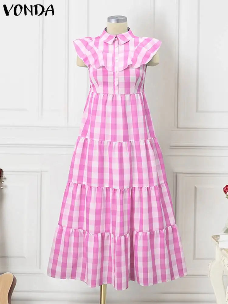 Vonda Summer Women Bohemian Plaid Dress Elegant Maxi