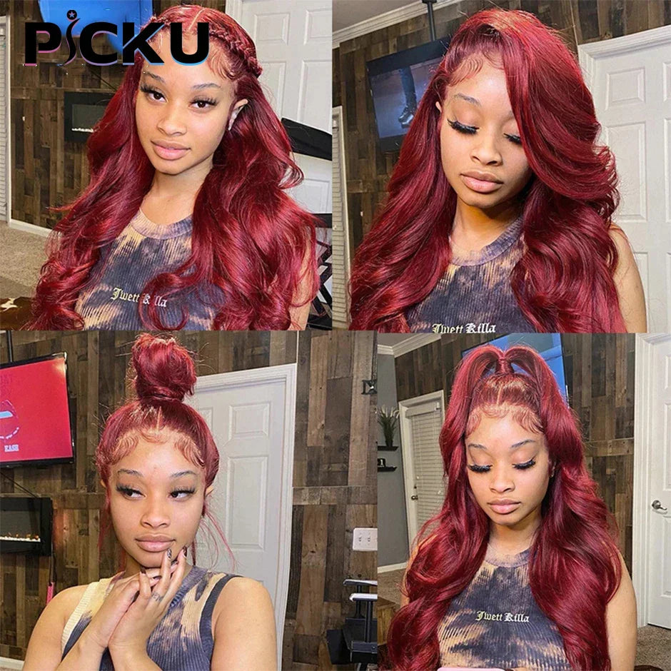 Red Lace Front Human Hair Wigs Burgundy