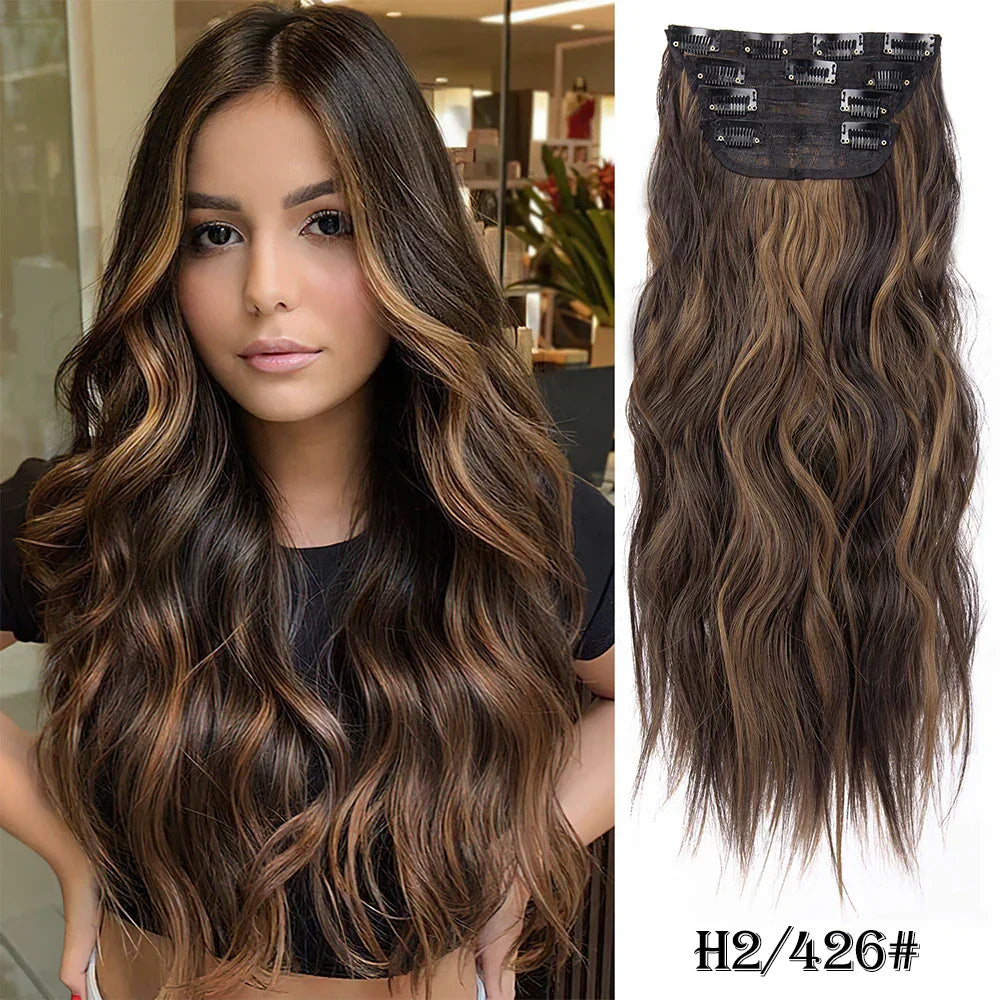 Set Synthetic Hair Clip In Long Wavy Thick