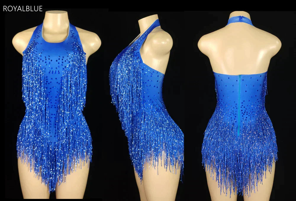 Sparkly Crystals Fringes Bodysuit Sexy Tassel Leotard Jazz