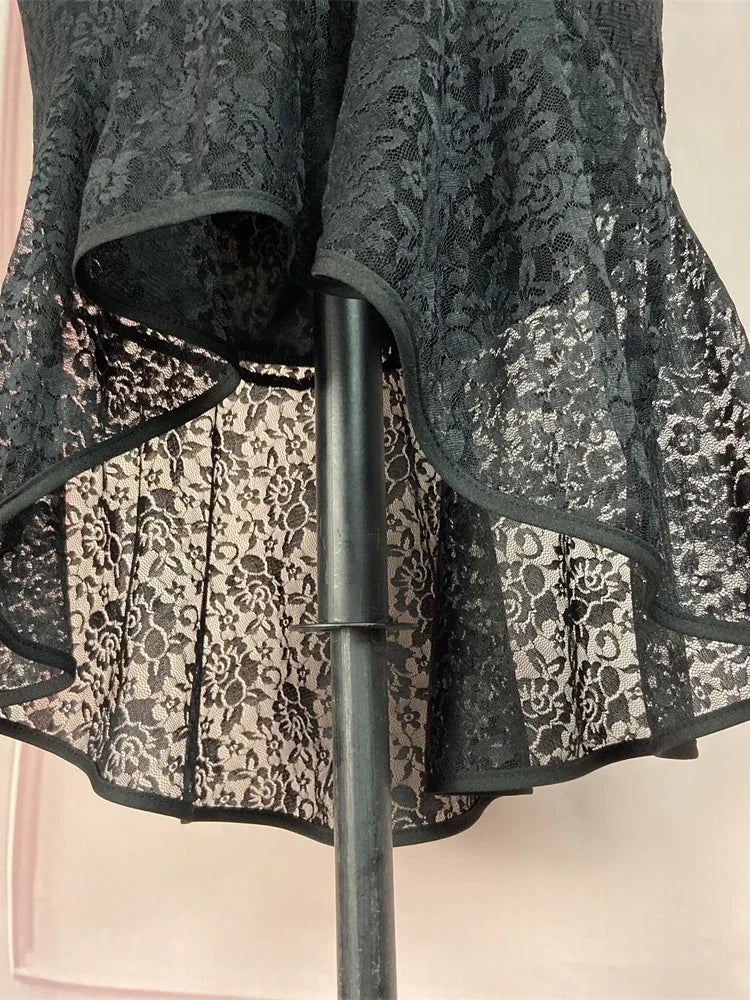 Women Midi Black Lace Skirt High Waist Fitted