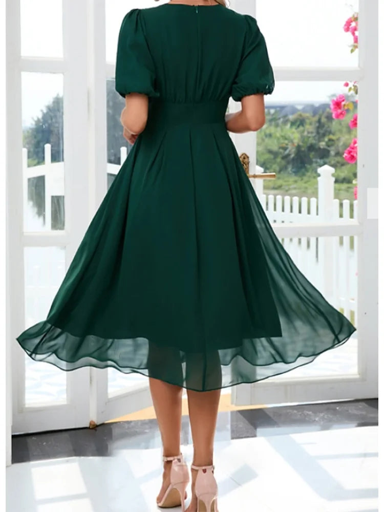 Women' Chic Dress V-Neck Elegant A-Line Chiffon Midi
