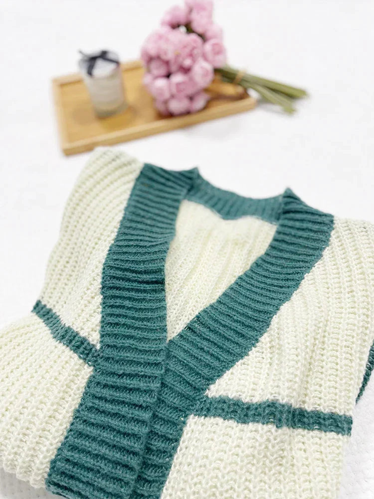 Autumn Winter Color Contrast V-Neck Lady Knitting Cardigan