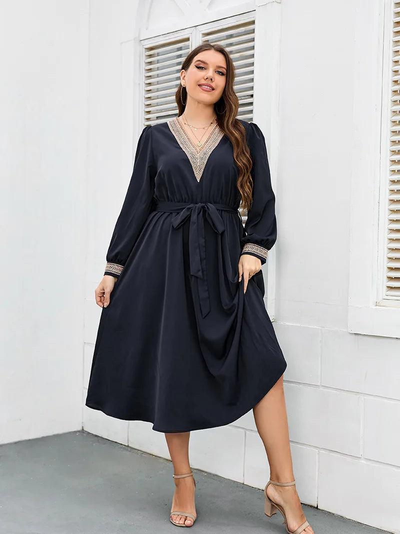 Women Dress V Neck Long Sleeves Robe Waist