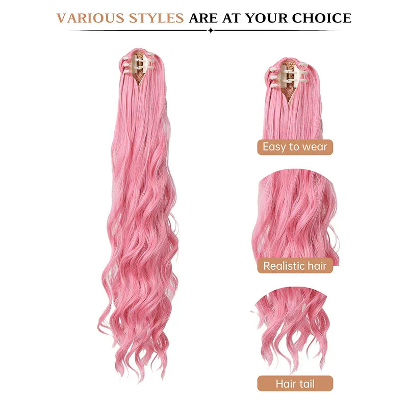 Synthetic Ponytail Pink Long Wavy Claw Clip Ponytail
