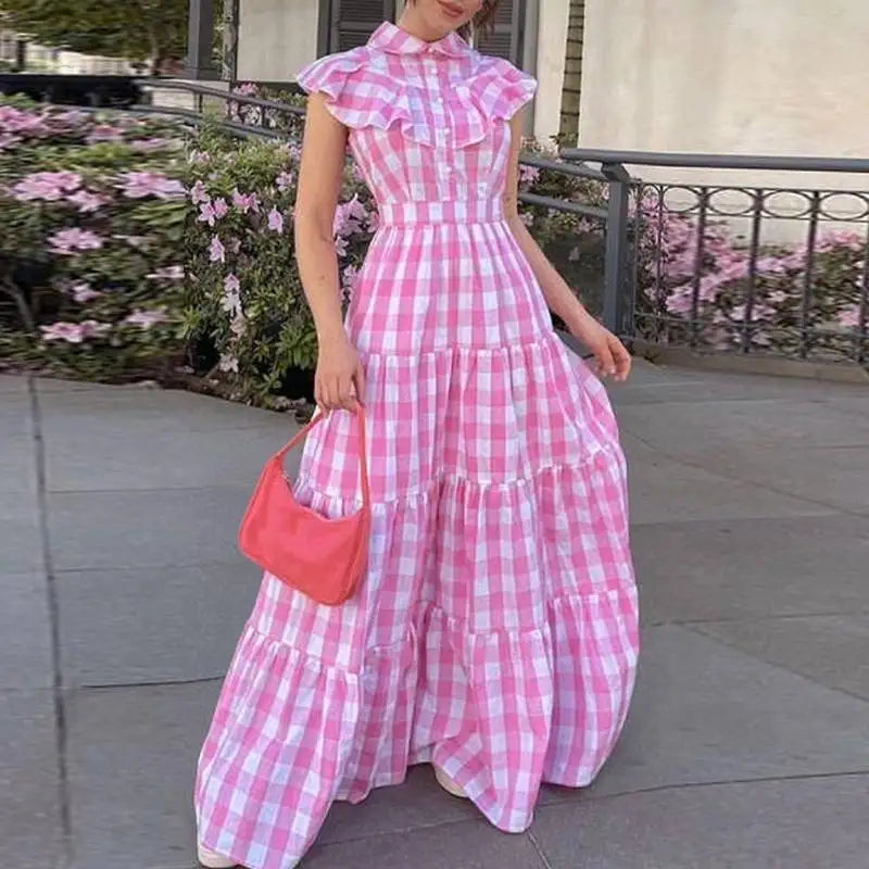 Vonda Summer Women Bohemian Plaid Dress Elegant Maxi