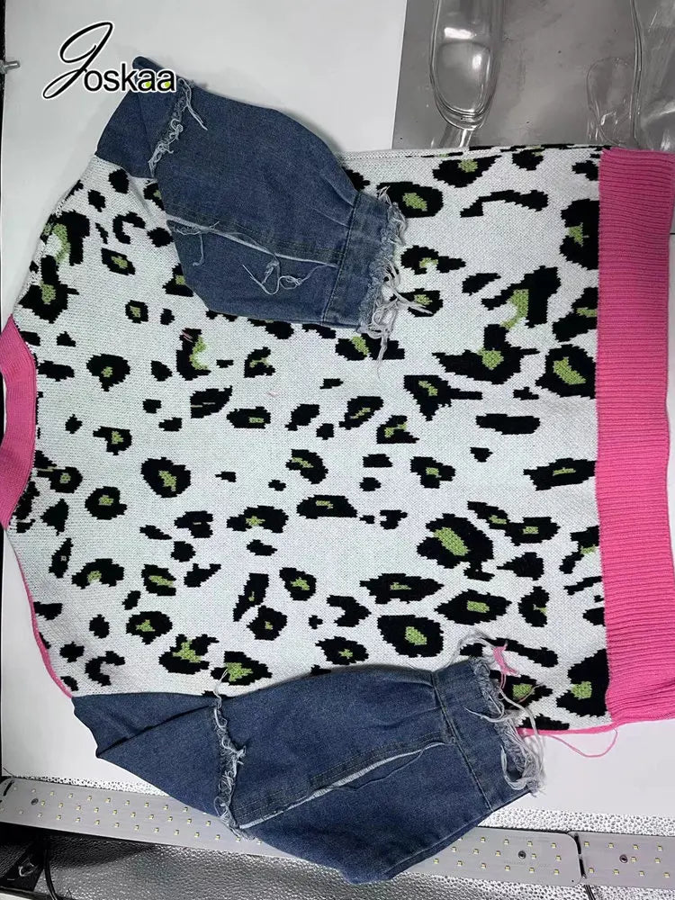 Joskaa Women Knitted Oversized Sweaters Denim Patchwork Leopard