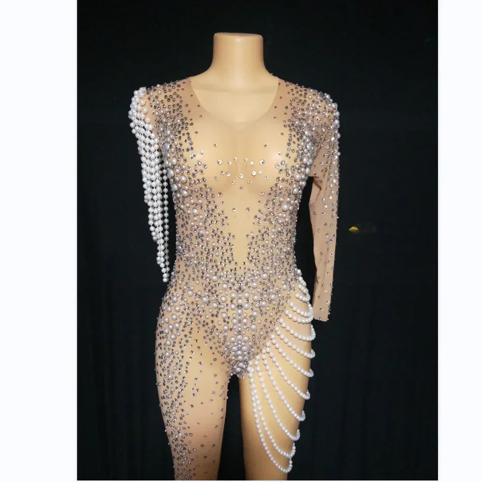 See Through Jumpsuits Women Pearl Rhinestone Gogo Dancer