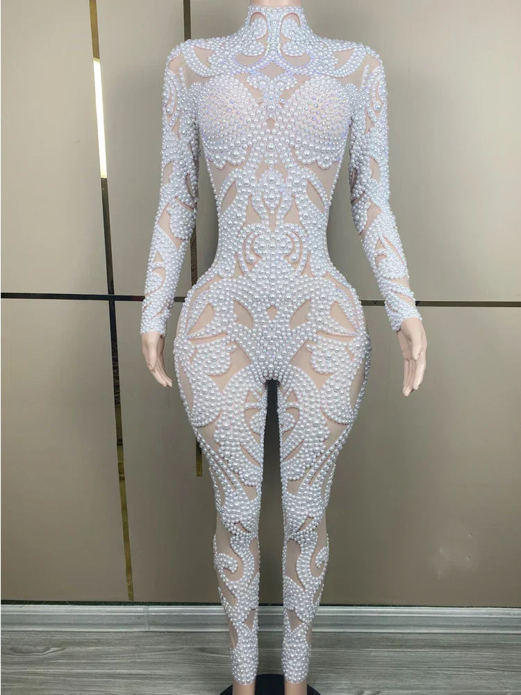 Luxury White Pearls Long Sleeves Women Bodysuit Transparent