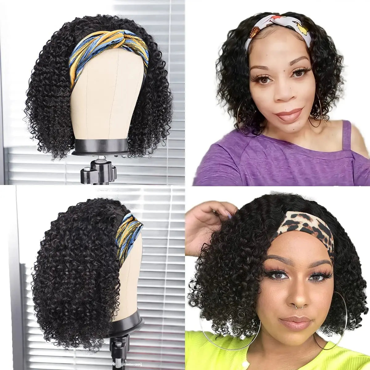 Kinky Curly Headband Bob Wig Human Hair Glueless