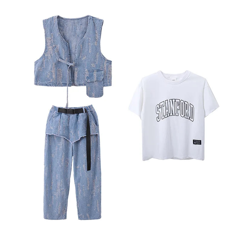 Kids Street Dance Hip Hop Clothing Suit Denim
