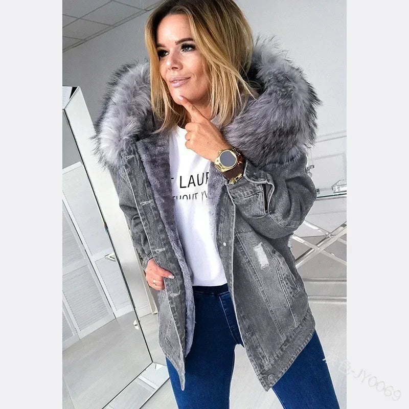 New Fashion Hooded Big Fur Collar Denim Jacket