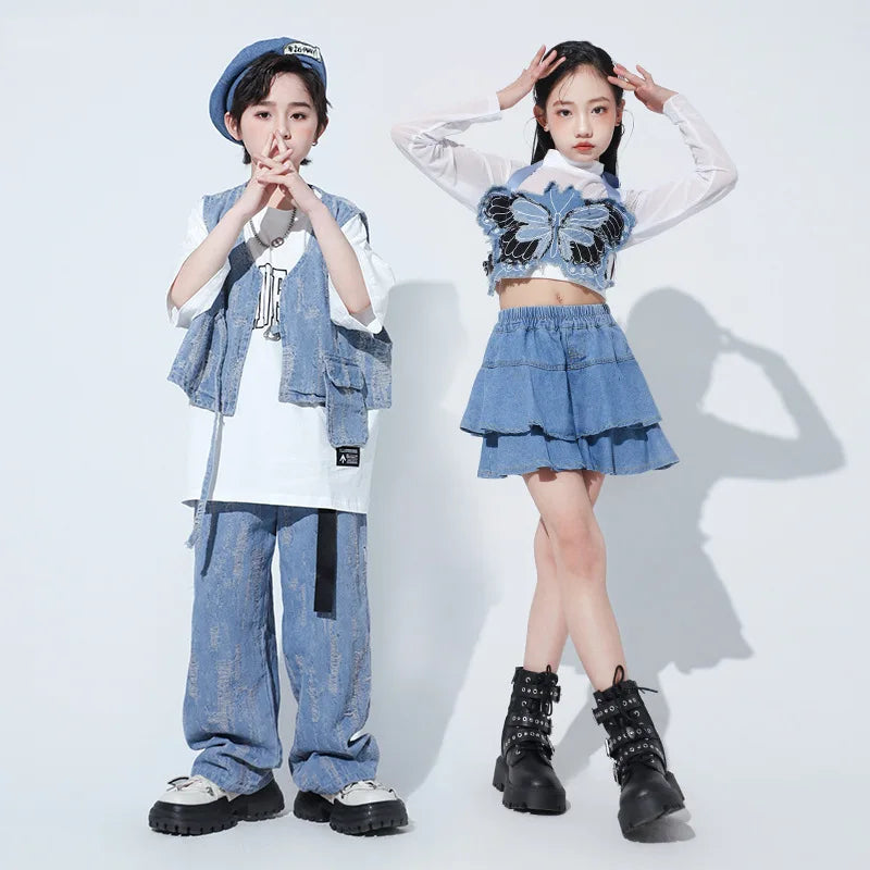 Kids Street Dance Hip Hop Clothing Suit Denim
