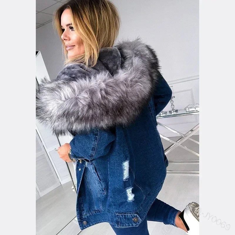 New Fashion Hooded Big Fur Collar Denim Jacket